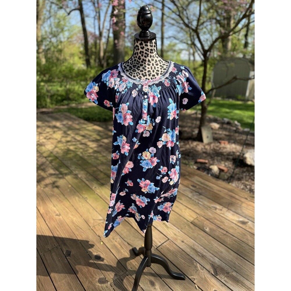 Aria Women's Nightgown Blue White Floral Buttons Lace Smock Size L